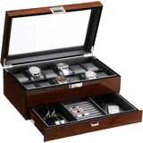 BEWISHOME 12 Uhrenbox mit Tablett Schublade, Luxus-Uhrenbox Herren Uhrenkoffer, Uhrenaufbewahrung mit Echtem Glasdeckel, Metallscharnier, Uhren Aufbewahrungsbox, Uhren Box, Braun, ESSH02Y