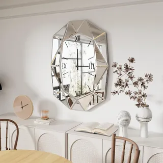 Artloge Wanduhr Groß Diamant Uhren 100×72 cm, Luxus Funkuhr Wohnzimmer Modern Wanduhren Batteriebetrieben ohne Tickgeräusche Römische Ziffern für Wohnzimmer, Schlafzimmer, Küchen Dekoration Silber
