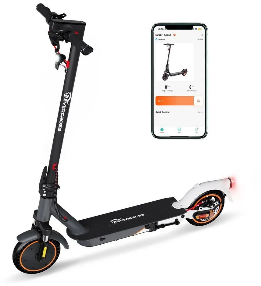 EVERCROSS TECH E-Scooter EV85F mit Straßenzulassung (ABE), 8,5'' klappbarer Elektroroller, mit APP, 7,8AH AKKU, 400W Motor, 15KG Gewicht, Zwei Stoßdämpfer weiß