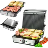 First Austria TZS First Austria Tischgrill, Elektrogrill für den Tischgebrauch, Grillplatte für Fleisch & Gemüse, 180°-Öffnung, Kontaktgrill mit Antihaftbeschichtung, in Schwarz/Edelstahl, 900 W