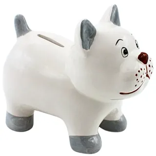 Dekohelden24 Keramik Spardose - Sparfigur als Hund, Sparhund, Moneybox, Größe L/B/H ca. 16,5 x 9 x 13,5 cm.