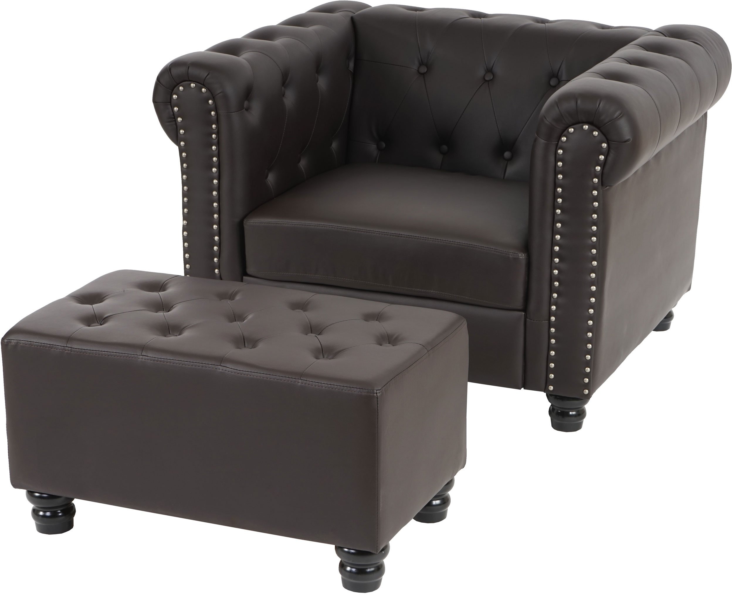 Luxus Sessel Loungesessel Relaxsessel Chesterfield Kunstleder ~ runde Füße, braun mit Ottomane