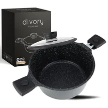 DIVORY Großer Kochtopf 20cm – 3L Topf groß mit Deckel, Gemüsetopf Induktion, Suppentopf mit abnehmbaren Griffen, Fleischtopf hoch Schwarz