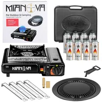 Mianova Camping-Gasgrill Campingkocher 1 flammig Set Outdoor Gaskocher Notfallkocher Gas Kocher, 2 in 1 LPG-Anschluss, Grillplatte, Koffer, Windschutz, 8 Gaskartuschen, BBQ Grill Tisch Herd Gasgrill für Gaskartuschen Kartuschen Gasflasche schwarz