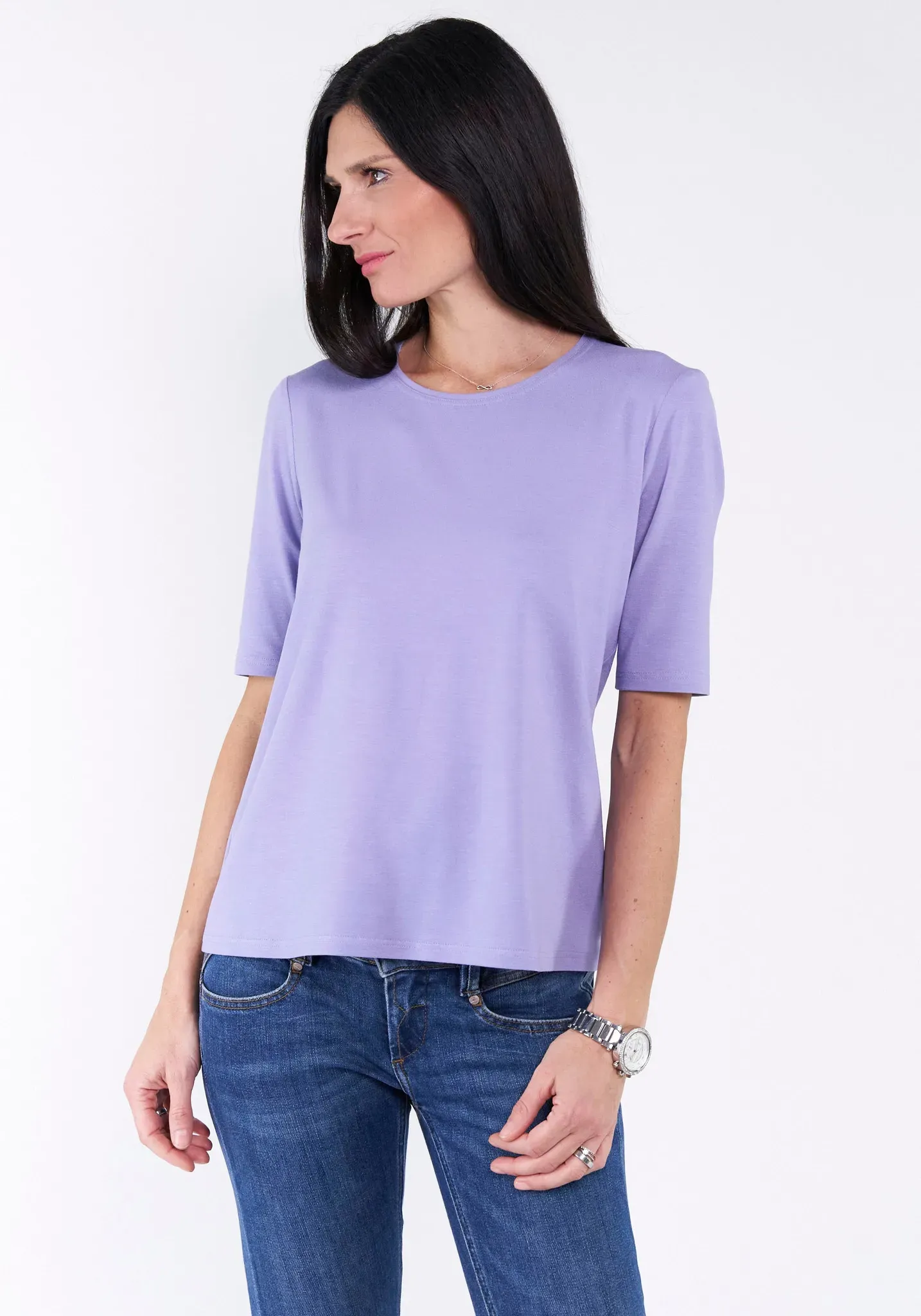 T-Shirt SEIDEL MODEN, Damen, Gr. 52, lila (flieder), Jersey, Obermaterial: 95% Viskose, 5% Elasthan, unifarben, Basic, figurumspielend hüftlang, Rundhals, abgesteppte Kante, Shirts T-Shirt, mit Rundhalsausschnitt, MADE IN GERMANY