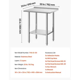 Vevor Edelstahltisch Gastro 762 x 610 x 894 mm, Verstellbarer Edelstahltisch mit Aufkantung, Arbeitstisch mit Grundboden für Restaurant Schwerlast Obere Ablage (204 kg) Untere Ablage (168 kg)
