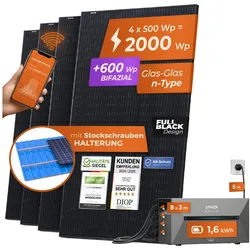 Solarway® All In One Balkonkraftwerk mit Speicher 2000W komplett Steckdose - 1,6 kWh Anker Solix 2 PRO Speicher - Solaranlage Komplettset - 500W bifaziale Solarmodule & Anker Speicher & Zubehör