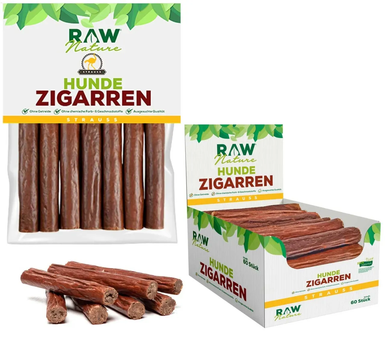 RAW Nature Hunde-Zigarre Strauß PUR, Monoprotein, hypoallergen & getreidefrei - 1,6 kg ( 60 Stück )