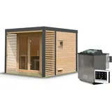 Woodfeeling Karibu Saunahaus Ares 3 - Hybridhaus mit Metallrahmen - 38 mm naturbelassen Blech-Ausführung: anthrazit 9 kW Bio-Kombiofen inkl. Steuergerät inkl. 8-teiligem gratis Zubehörpaket (Gesamtwert 191,92€)