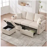 BlingBin Sofa Loungesofa mit LED-Beleuchtung & USB-C-Port, mit 2 Schubladen Stauraum-Fußteil, Getränkehaltern und Seitentaschen 1 Teile, für Wohnzimmer, Schlafzimmer, Büro beige