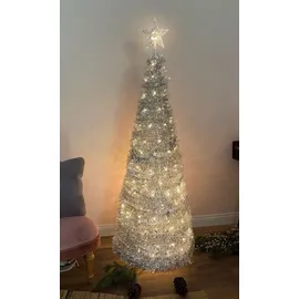 Spetebo Pop Up Spiral Weihnachtsbaum 150 cm mit 120 LED und Stern Spitze - Silber - Künstlicher Tannenbaum warm weiß beleuchtet für Außen und Innen - Weihnachts Deko Garten Beleuchtung mit Stecker