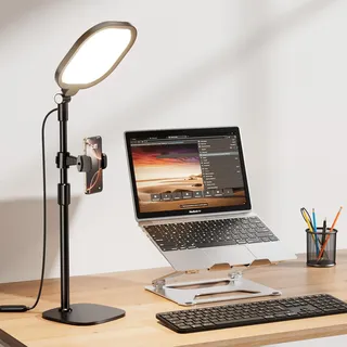 Schreibtischlampe LED für Videokonferenz, LitONES Dimmbar Tisch Ringlicht mit Stativ Handy - 3 Lichtfarben + 10 Helligkeiten, CRI 97.8 Augenschutz Bürolampe für Home-Office, Streaming, Webcam, Laptop