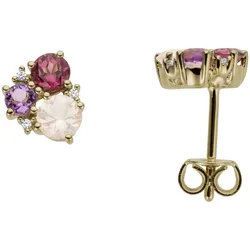Paar Ohrstecker FIRETTI "Schmuck Geschenk Gold 333 Ohrschmuck Ohrschmuck Farbstein", rosa (gelbgoldfarben, lila, rosa, pink, lila, rosa, pink), Ohrringe, Damen, 0,02 ct P2 = erkennbare Einschlüsse, Gelbgold 333-Diamanten, Gelbgold 333, Diamanten, mit Amethyst, Pink Rhodolit, Rosenquarz - mit Brillant