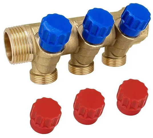 Messing-Verteiler 1''IG x 1''AG - 3 Abgänge Eurokonus 3/4''AG - mit Absperrventilen