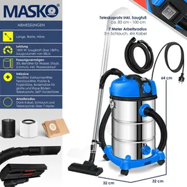 Masko MASKO® Industriestaubsauger Staubsauger Nass Trocken Sauger Edelstahl 2300W + Steckdose Blasfunktion Trocken-Saugen & Nass-Saugen Push&Clean Industrie-Sauger mit & ohne Beutel beutellos