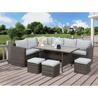 MeXo Gartenlounge-Set Rattan Gartenmöbel Set wetterfest für 8-9 Personen, (Lounge Set, 7-tlg., 3x Hocker, 2x 2er Sofa, 1xEcksofa, Tisch 132x76x67cm, Inkl. Auflagen), Garten-Essgruppe outdoor, Polyrattan/Stahl, individuell aufstellbar grau