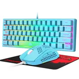 60 Prozent Mini Gaming Tastatur Und Maus Set Blau, QWERTY Layout RGB Regenbogen LED Beleuchtet Mechanische Gefühl Ergonomische Tastatur, 12000 DPI Bienenwabe Maus USB Verkabelt Für PC Laptop