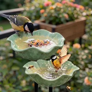 Vogeltränke Blume & Bienentränke Keramik Gartenstecker – Insektentränke Garten für Wasser & Vogelfutter, Dekorative Keramikblüten für Bienen & Vögel (1, Gelb)