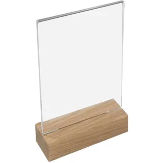 HMF 46940 Acryl Tischaufsteller mit Holzfuß DIN A6 Hochformat, Glasklar