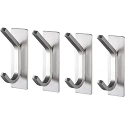 TOJ Selbstklebende Haken - Wandhaken - Handtuchhaken - Ohne Bohren - Set aus 4 Stück - Inklusive Klebestreifen - Silber