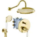 PaulGurkes Duschsystem Unterputz Gold Einhandmischer Nostalgie Retro Landhausstil Dusch-Set 25cm