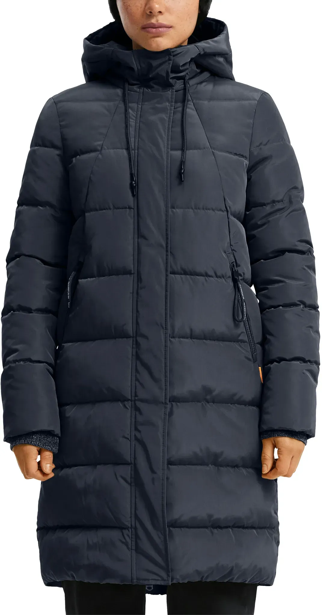 Steppjacke QS, Damen, Gr. XL, dunkelblau, Steppware, Obermaterial: 100% Polyester. Futter: 100% Polyester, unifarben, gerade kniebedeckend, Rundhals, Flachstrickbündchen, Jacken Steppjacke, lang, mit Kapuze