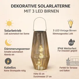 Formano Laterne Rattan 55 cm 3 LED Birnen Solar Dämmerungssensor braun