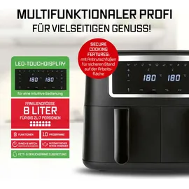 GOURMETmaxx Doppelkammer Heißluftfritteuse - 2 x 4 L | Synchro-Garzonen Airfryer | Fritteuse mit Touchscreen | Heißluftfritteuse 2 Kammern & 10 Programmen | fast ohne Öl frittieren