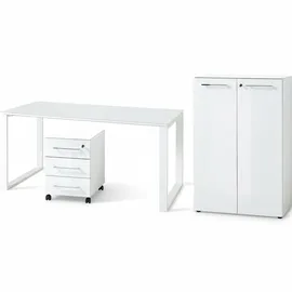 KADIMA DESIGN Büro-Set MUENCHEN 3-tlg Weiß Schreibtisch, Schrank, Container Glasfront