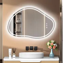 pesenxan Spiegel mit Beleuchtung Asymmetrischer, LED Badspiegel mit Touch-Schalter, 3 Lichtfarbe, Dimmbar, Badezimmerspiegel mit Beleuchtung 80x 53cm
