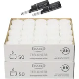 EDZARD Set 100 Teelichter (8 Stunden) weiß, aus Paraffin plus 2 Mini Feuerzeuge - Teelicht für Teelichter Glas, Nightlights Teelichter inkl.Anzünder - Kerzen & Teelichter