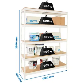Proregal Schwerlastregal Wood Beast Five HxBxT 250x150x45cm | Fachlast 600kg | Weiß