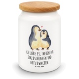 Mr. & Mrs. Panda Vorratsdose Pinguine Einschlafen - Weiß - Geschenk, Dose, Küchenbehälter, Mottens, Keramik, (1-tlg), Holzdeckel-Dichtung weiß