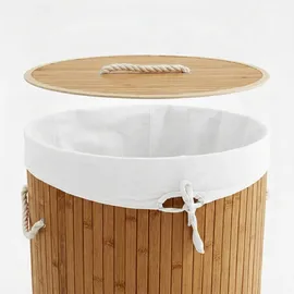 Relaxdays Wäschekorb Bambus, Faltbare Wäschetonne mit Deckel, Volumen 70 l, Wäschesack Baumwolle, rund Ø 41 cm, Creme