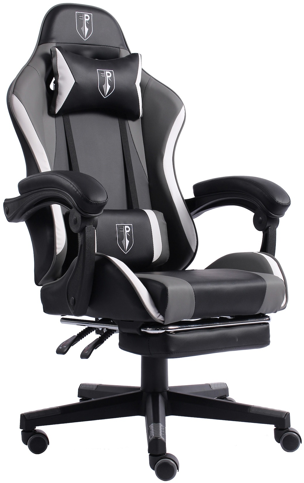 Gaming Chair im Racing-Design mit flexiblen gepolsterten Armlehnen - ergonomischer PC Gaming Stuhl in Lederoptik - Gaming Schreibtischstuhl mit ausziehbarer Fußstütze und extra Stützkissen