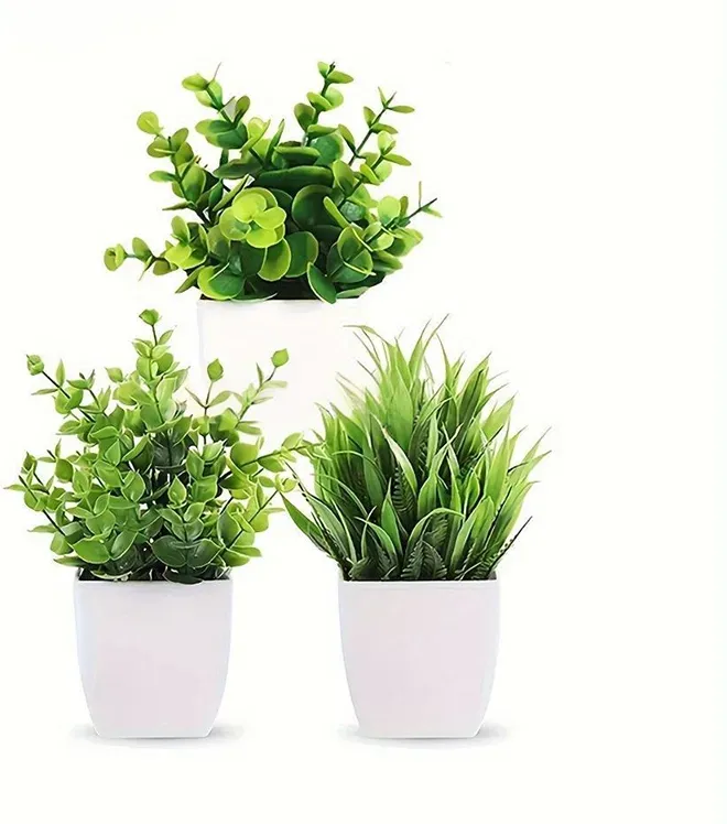 Yuejia 3Pcs 6.69in/17cmArtificial Plant Flowerpot Artificial Plastic Eucalyptus Plant Wheat Grass Shrub Plant Indoor Desk Coffee Table Bathroom Bedroom Home Decoration