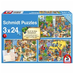 Schmidt Spiele Puzzle Wo ist die kleine Bohrmaschine? 3 x 24 Teile, Puzzleteile bunt