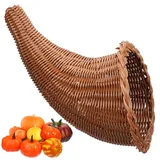 Ciieeo Korb Erntedankfest Deko Rattan Weinrebenkorb Handgeflochten für Herbst Weihnachten Tischdeko Hornkorb mit Kuhglocken Weidengeflecht Obstkorb Karamell 12Inch