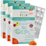 NORSAN Omega 3 FISK Jelly 120 hochdosiert 3er Pack (3x 120 Jellys) / Omega 3 für Kinder (250 mg pro Kaugeleedrops) / Omega 3 Öl mit EPA & DHA/Tagesdosis mit Zitrone-Erdbeer-Geschmack 4 Kapseln