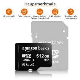 Amazon Basics MicroSDXC 512 GB, SD Adapter A2, U3, Lesegeschwindigkeit bis zu 100 hohe Kapazität