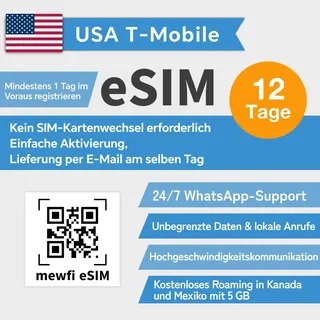 USA eSIM (USA, Mexiko, Kanada universal), 12 Tage unbegrenzte Internet-Daten, T-Mobile SIM, unbegrenzte Geschwindigkeit US Prepaid-Karte, unbegrenzte Ortsgespräche und lokale Texte. (12 Tage)