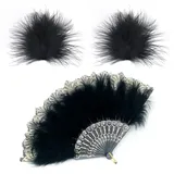 ZAMXHUG Fächer Federn Schwarz, Federfächer 1920er Handfächer Spitze Vintage Feather Fan, Feder Haarnadel, Spitzenfächer Fächer Feder 20er Jahre Accessoires Damen Kostüm Tanzen Show Hochzeit Karneval