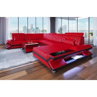 Sofa Dreams Wohnlandschaft Couch Leder Sofa Napoli XXL U Form Ledersofa, mit LED, wahlweise mit Bettfunktion als Schlafsofa, Designersofa rot|schwarz