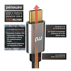 Primewire 2m USB C 3.2 Kabel Gen 2x2-100W PowerDelivery Ladekabel - Datenkabel 20 Gbit/s - Schnellladekabel - USB 3.2 Gen2x2 - Nylonummantelung - 2m