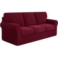 subrtex Stretch Sofabezug Sofaüberwurf mit Armlehne, 3- Sitzer Sofahbezug Sofahusse mit separaten Sitzkissenzügen und Rückenlehnenbezügen (3-Sitzer,Weinrot)
