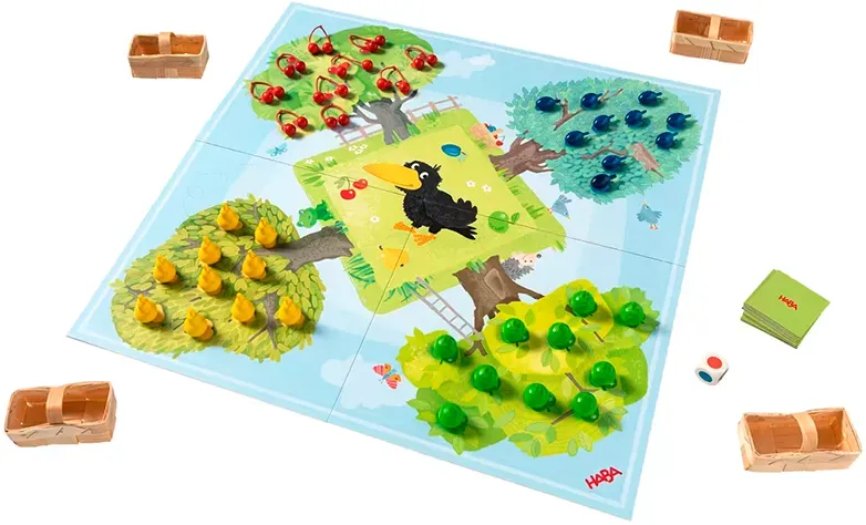 Haba Obstgarten Kooperatives Brettspiel - Buchenholz, bunt, 28 Holzfrüchte, 3-8 Jahre - Fördert Teamwork, Klassiker