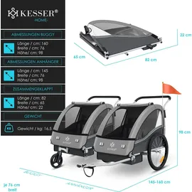 Kesser Kinderanhänger Sport-RX 2 in 1 Joggerfunktion helgrau