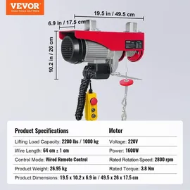 Vevor Seilwinde Metall 500-1000kg rot