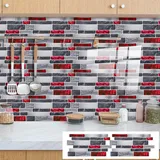 Fliesenaufkleber 12X24CM Rot Grau Klebefliesen Küche Selbstklebende Fliesen,Fliesenaufkleber Bad Küche,Fliesen Selbstklebend,Wasserdicht Küchenfliesen Überkleben
