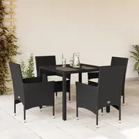Ankonbej 5-tlg. Garten-Essgruppe mit Kissen Schwarz Poly Rattan und Glas - Schwarz/Weiß